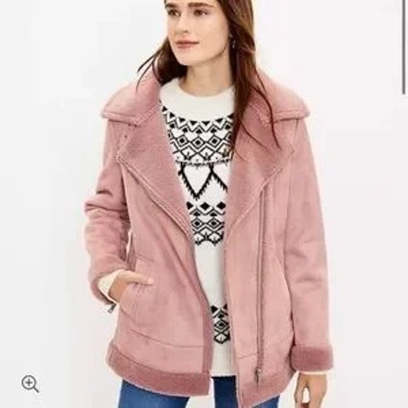 LOFT Faux Suede Aviator Jacket XS Sherpa Moto Asymmetrical Zip Up Mauve Pink - Picture 1 of 10